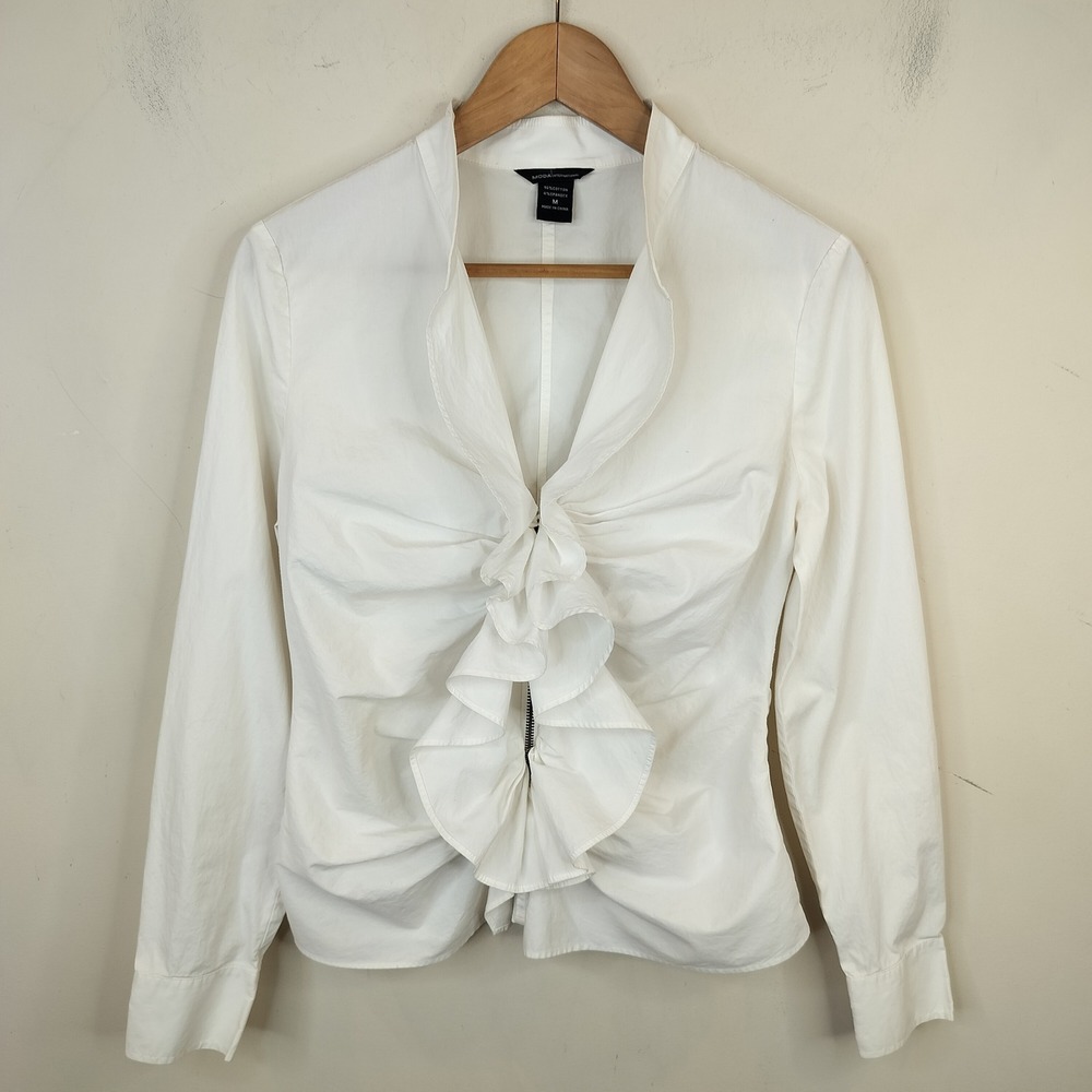 Moda International Ruffled White  Blouse Medium Zip Bohemian Victorian Cotton